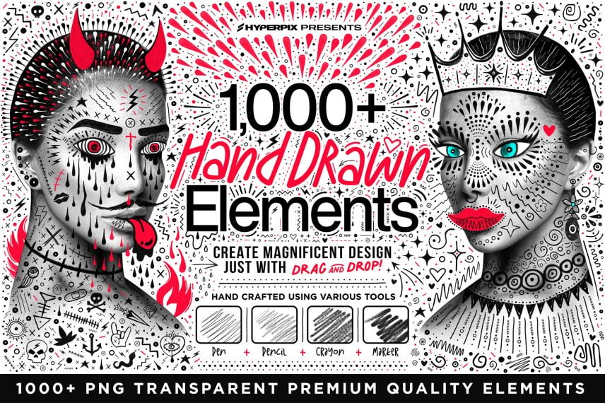 Hyper Hand Drawn – 1,000+ PNG Hand Crafted Elements